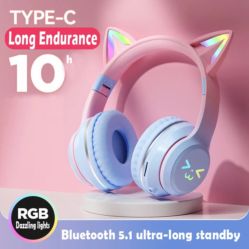 Cat's Ears Headset RGB Light Smile Face TWS Headset Gradient New Headphone