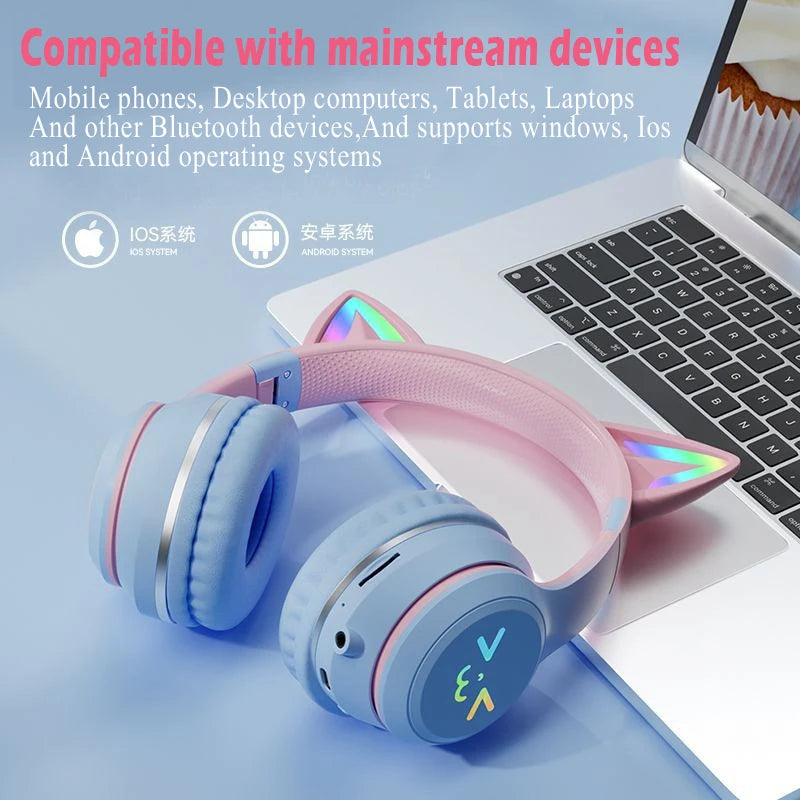 Cat's Ears Headset RGB Light Smile Face TWS Headset Gradient New Headphone
